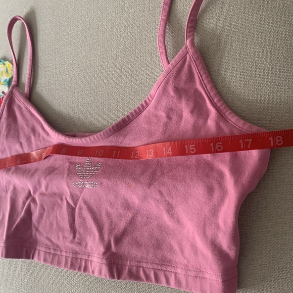 Adidas logo in rhinestones bralette pink crop tank top with sparkle bling size L - Picture 2 of 5